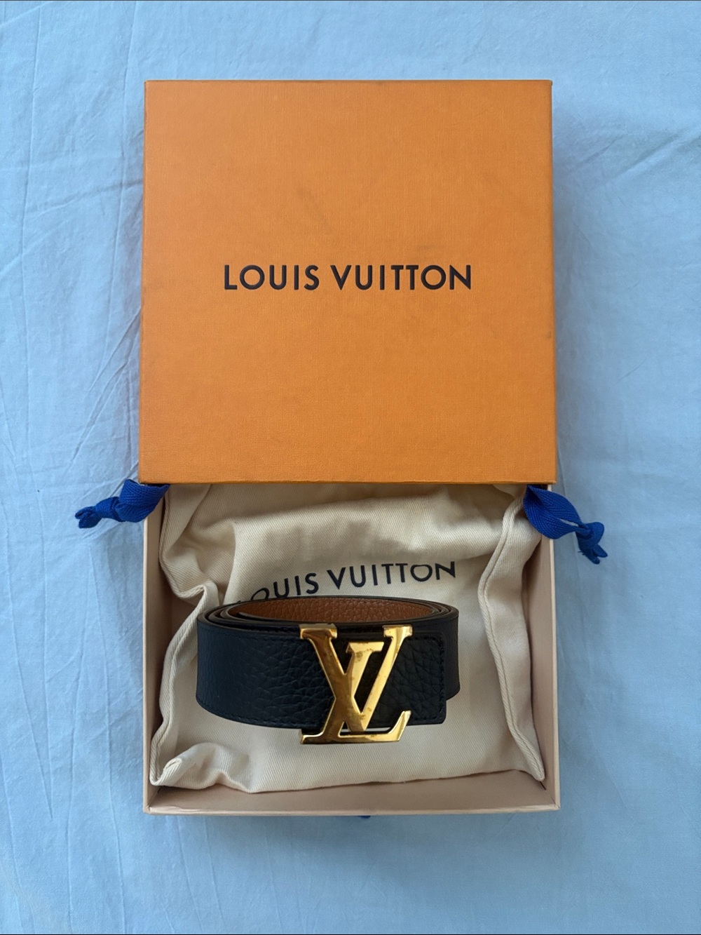 Louis Vuitton Black Leather Belt with Gold LV Buckle